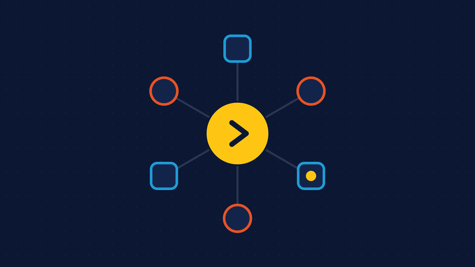 A central agent node connected to six tool nodes, one of them flagged for a check