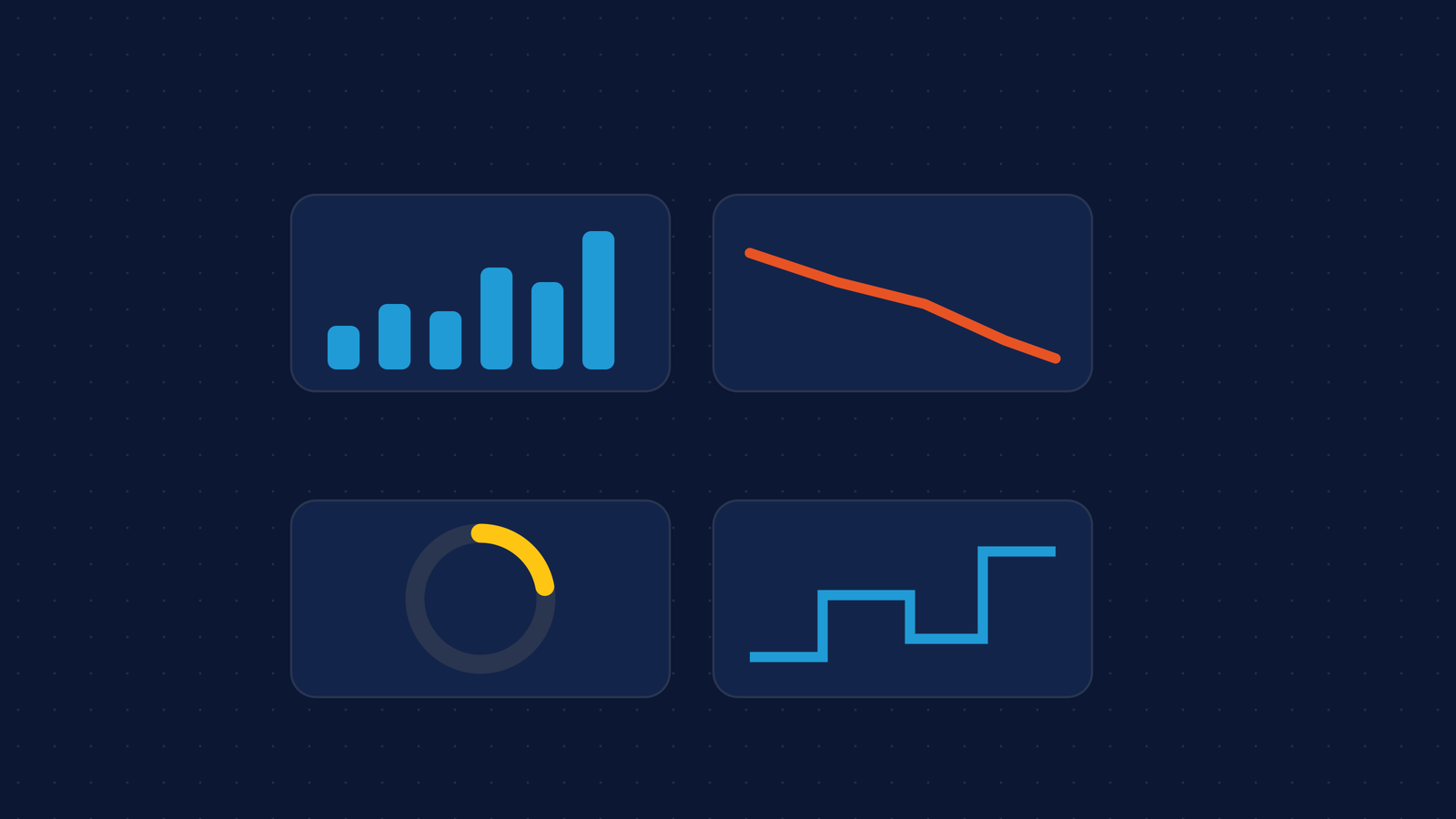 Four small chart panels, bars, a falling line, a ring and a step chart, like a delivery metrics dashboard