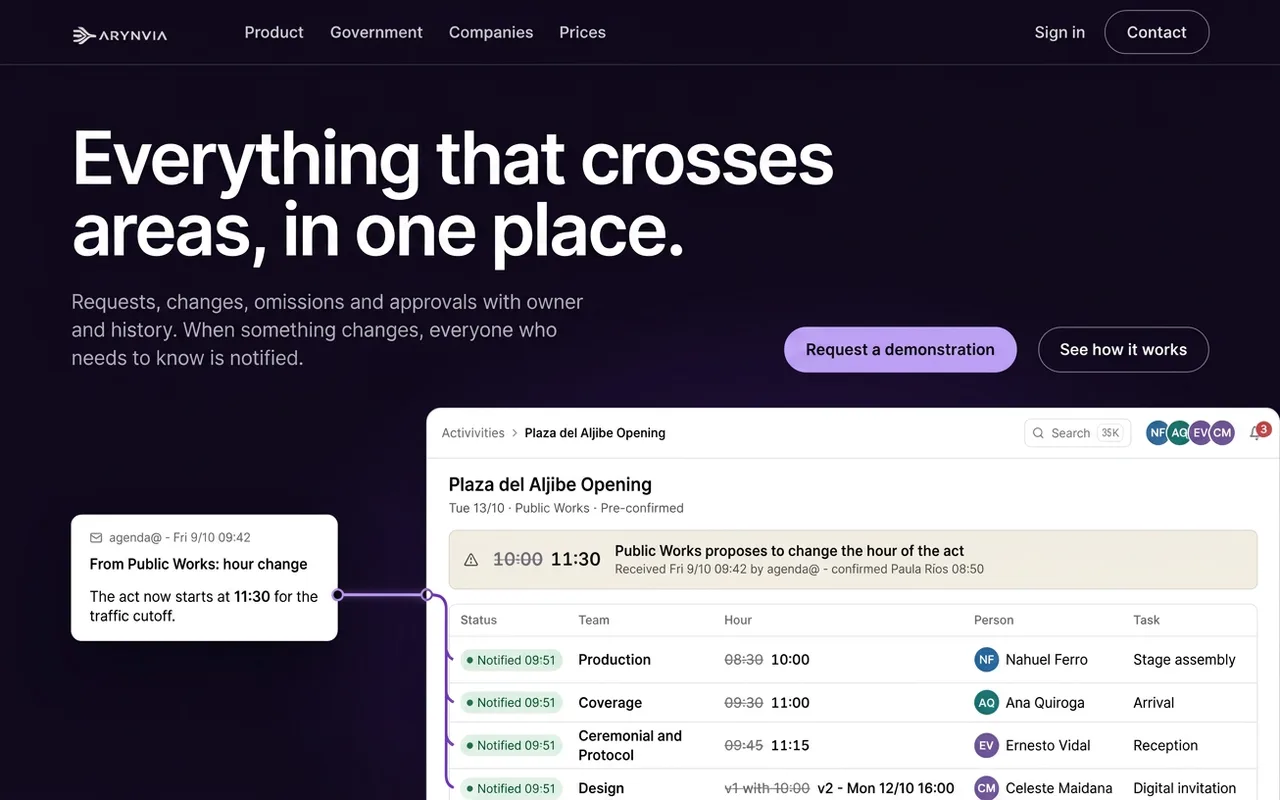 Home do portal: uma mudança de horário recebida por e-mail é avisada a quatro equipes, com seu histórico. (interface em inglês)