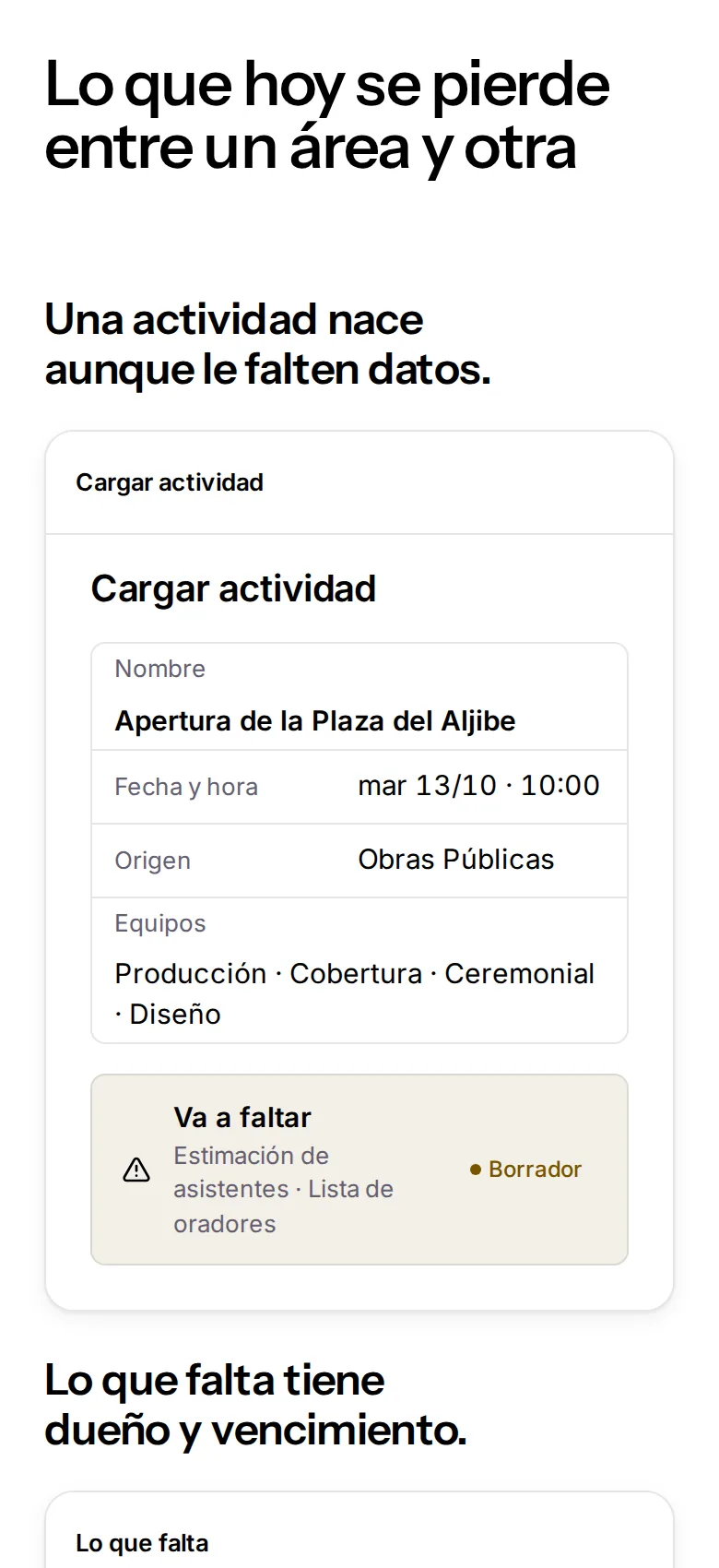 Tarjeta de carga de actividad con el aviso de lo que falta.
