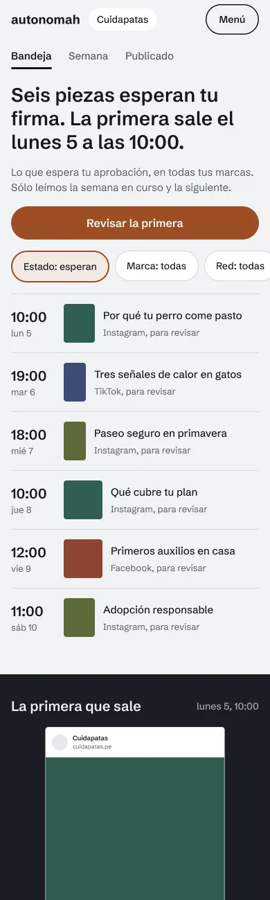 Bandeja de aprobación: seis piezas esperando firma con sus horarios.