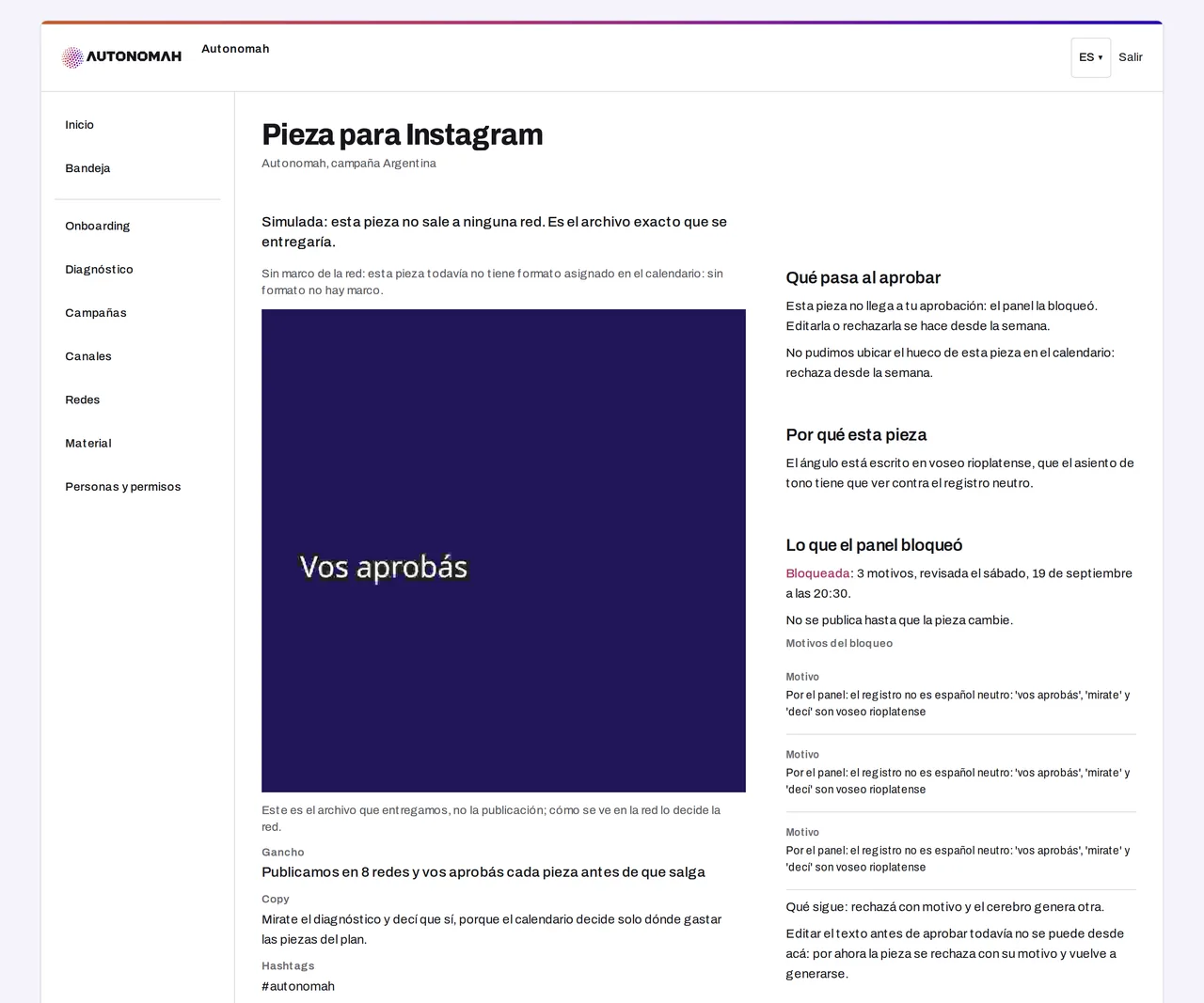 Pieza de Instagram bloqueada por el panel de revisión, con sus motivos.