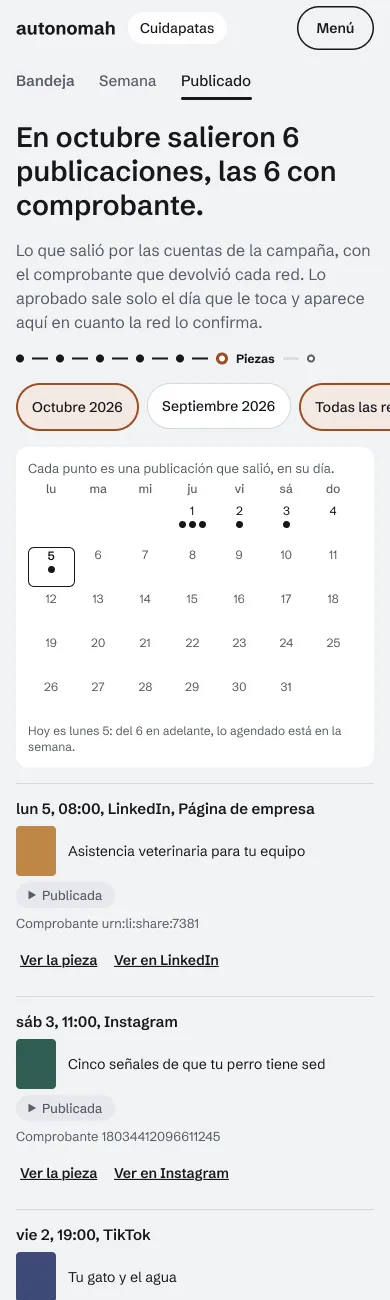 Lo publicado del mes, con calendario y comprobante por publicación.