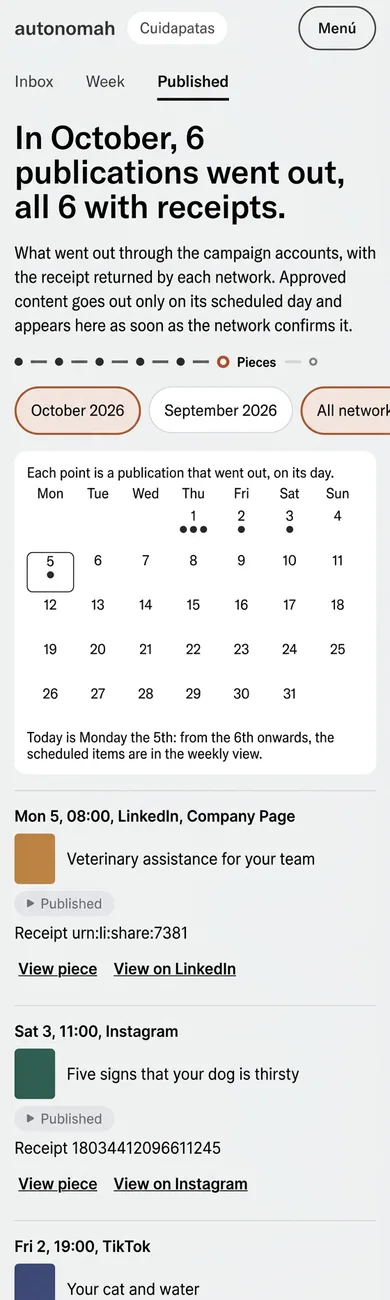 Published this month, with a calendar and a receipt per publication. (interface shown in English)