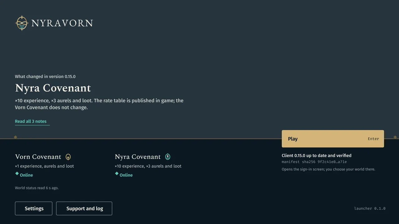 Launcher do jogo: notas de versão, dois mundos com seu status e Jogar.