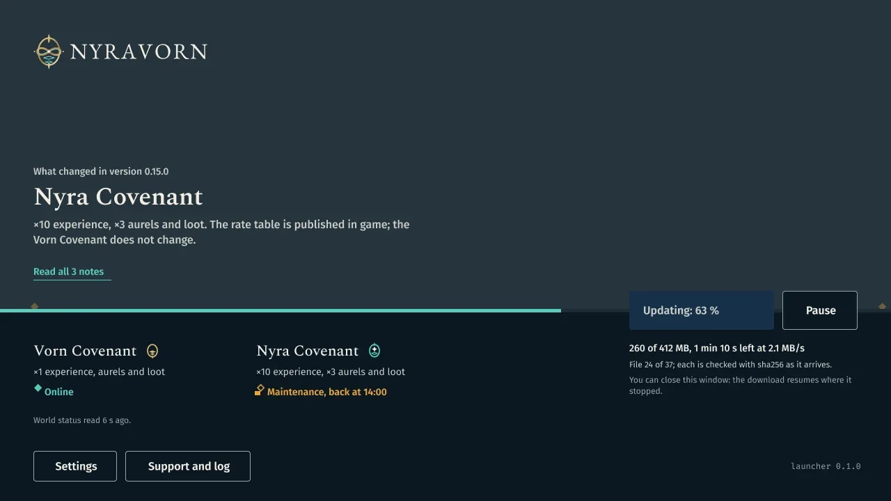 Launcher downloading an update with progress and pause.